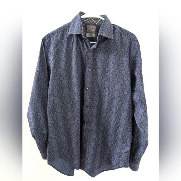 Thomas Dean Flip Cuff Dress Shirt Medium Blue Cotton Paisley Long Sleeve - Picture 1 of 7
